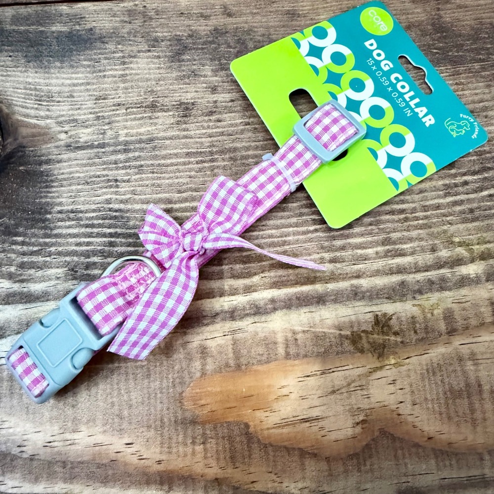 New Core Home Pink Gingham Dog Collar with Bow Adjustable 15 x 0.59 IN FF65570